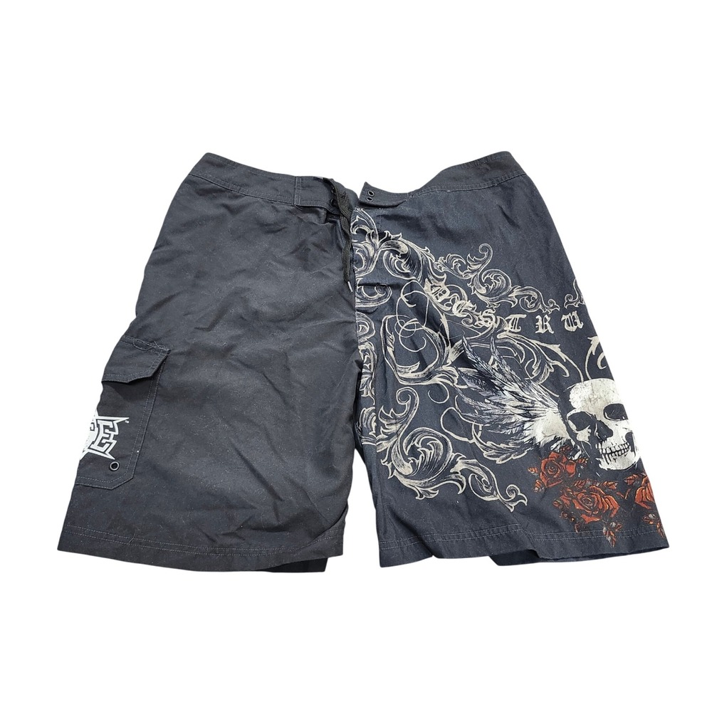 MMA Elite Mens Black Skull Filigree Board Shorts Size 38 Cargo Pocket Trunks
